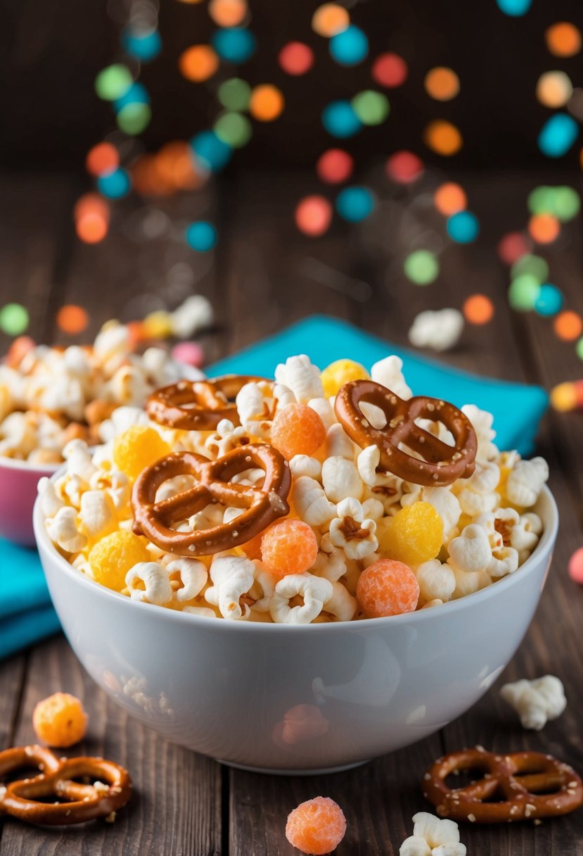 A bowl of popcorn and pretzel mix with popping candy