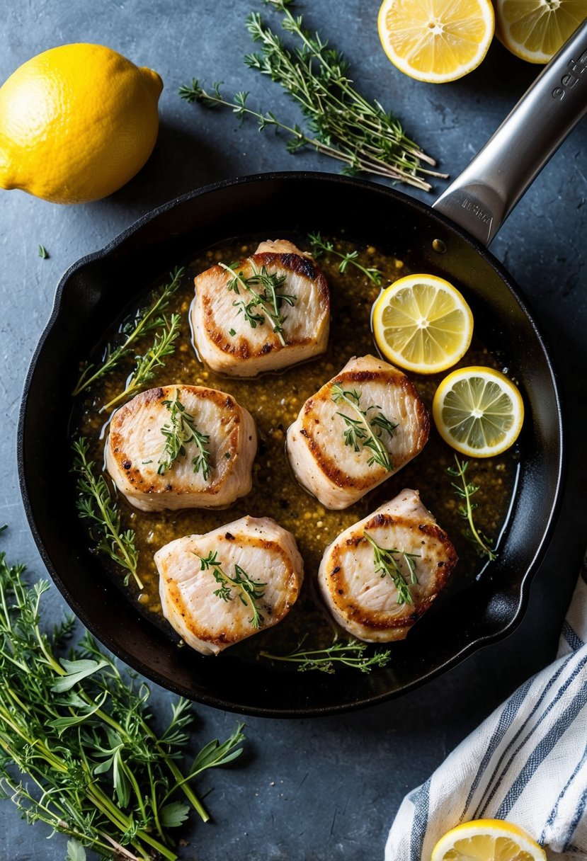 A sizzling skillet with lemon thyme pork medallions surrounded by fresh herbs and citrus slices