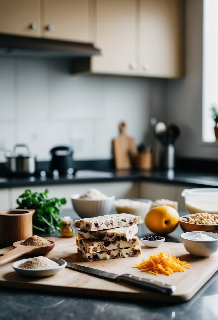 A kitchen counter with various ingredients and utensils laid out to make whey protein bars