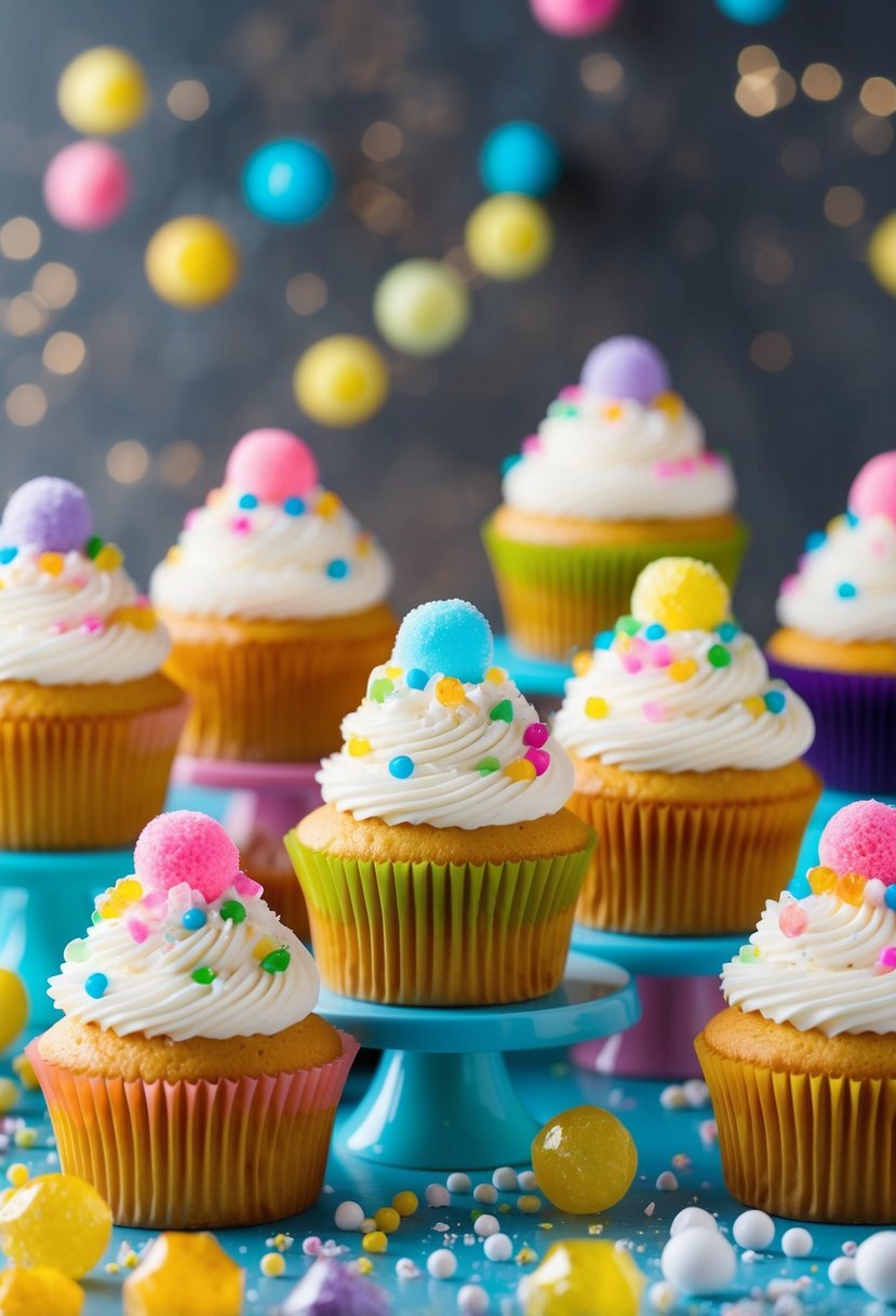 A colorful display of cupcakes topped with popping candy, surrounded by scattered pop rocks and ingredients