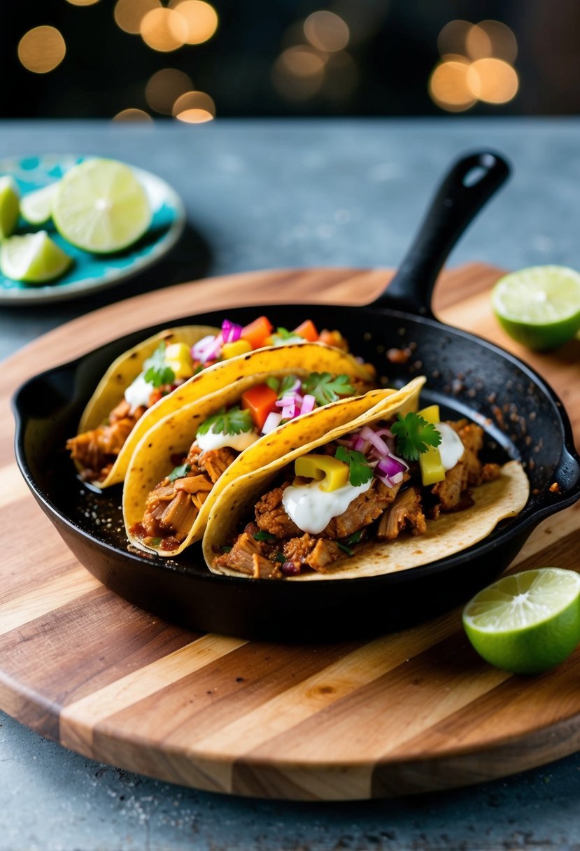 A sizzling skillet of chili lime pork tacos with colorful toppings on a wooden serving board