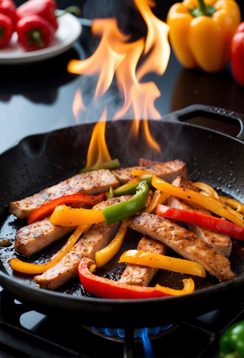 A sizzling skillet of pork and pepper fajitas, with colorful bell peppers and tender strips of low-cholesterol pork cooking over a hot flame