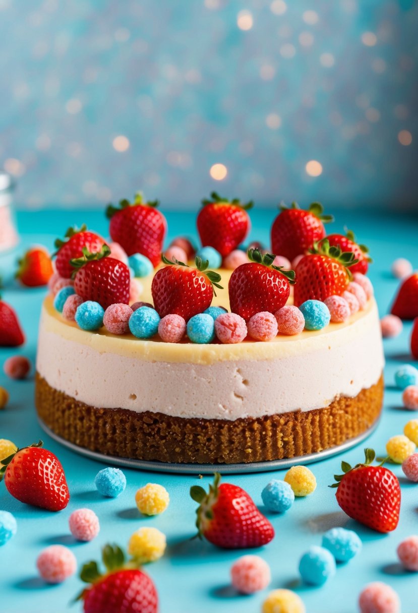 A vibrant cheesecake topped with strawberry pop rocks, surrounded by scattered pop rock candies