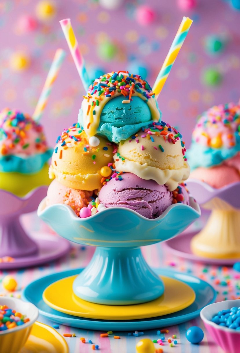 A colorful ice cream sundae topped with popping candy and vibrant sprinkles, surrounded by a whimsical, retro-inspired dessert setting