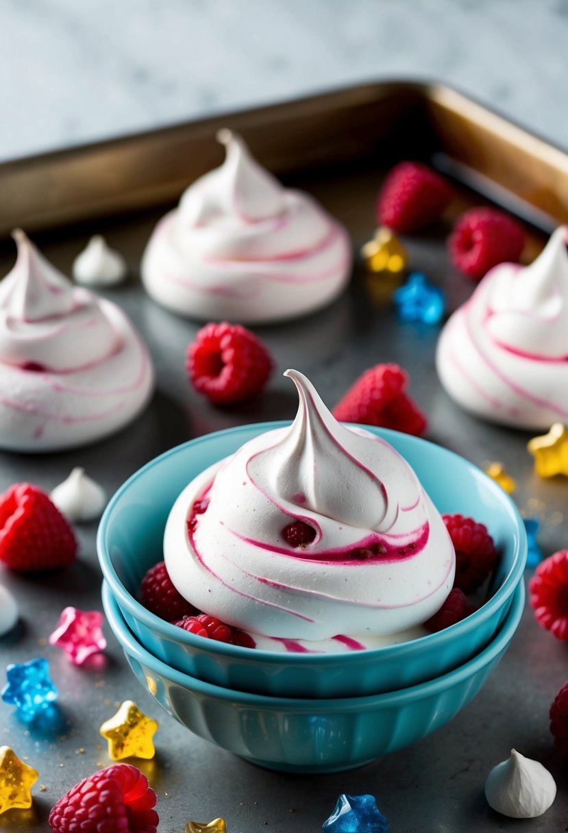 A bowl of fluffy meringue mixture with raspberry swirls and pop rocks scattered on a baking tray