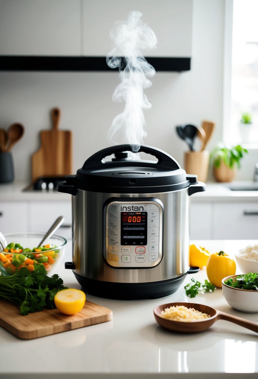 A steaming instant pot surrounded by fresh ingredients and cooking utensils on a clean kitchen counter