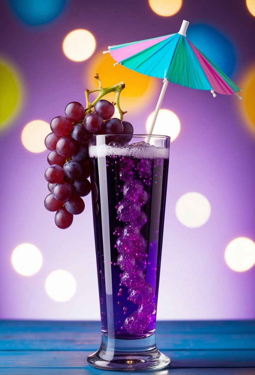 A tall glass filled with purple liquid, fizzing with popping candy. A cluster of grapes and a colorful paper umbrella adorn the rim