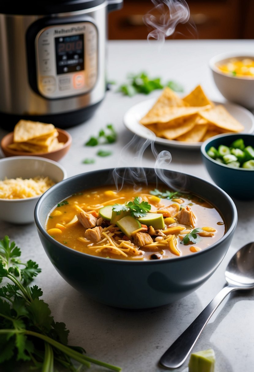 A steaming bowl of chicken tortilla soup surrounded by fresh ingredients and an Instant Pot on a kitchen counter