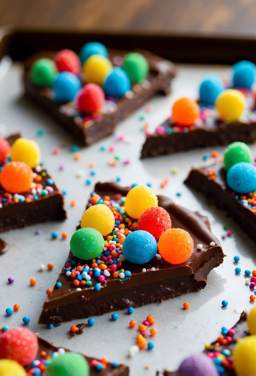 Colorful pop rocks sprinkled on melted chocolate bark