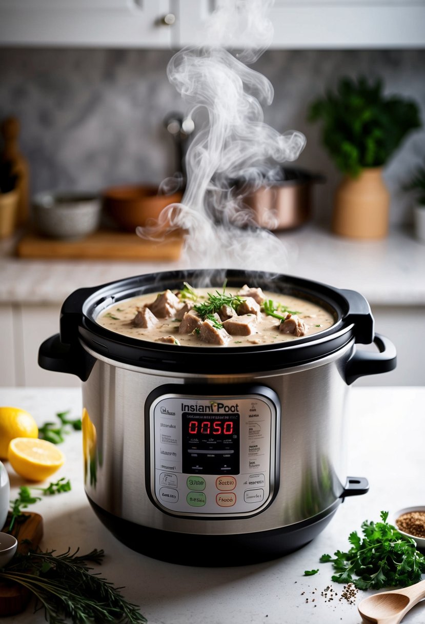 A steaming instant pot filled with creamy beef stroganoff, surrounded by fresh herbs and spices on a clean kitchen counter