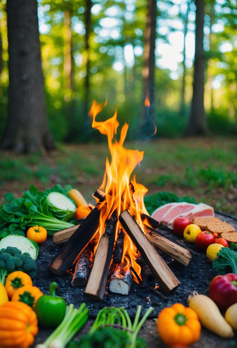 A campfire surrounded by fresh vegetables, fruits, and lean proteins, ready to be cooked into healthy camping recipes