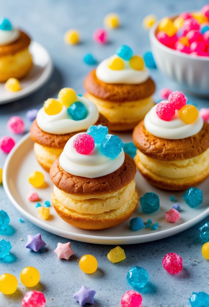 A plate of cream puffs topped with popping candy, surrounded by scattered pop rocks