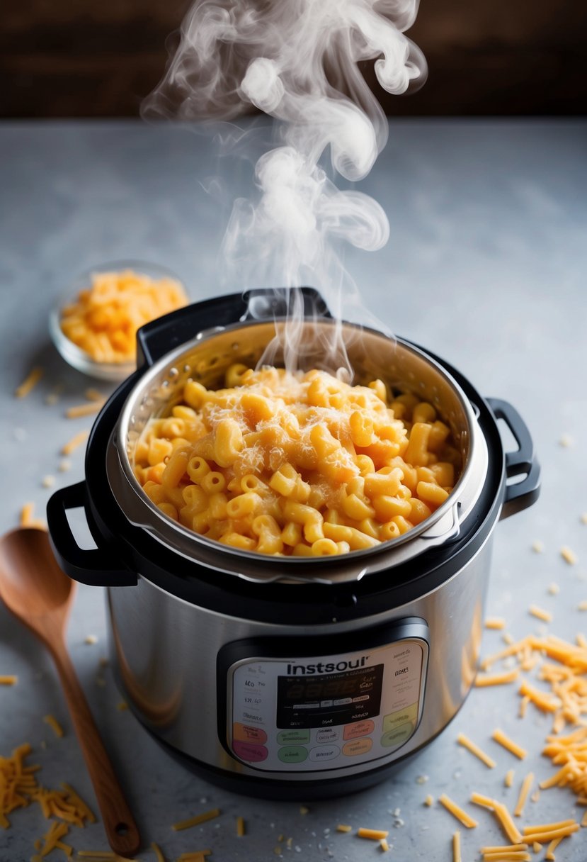 Steam rising from open Instant Pot filled with creamy mac and cheese, surrounded by scattered cheese shreds and a wooden spoon