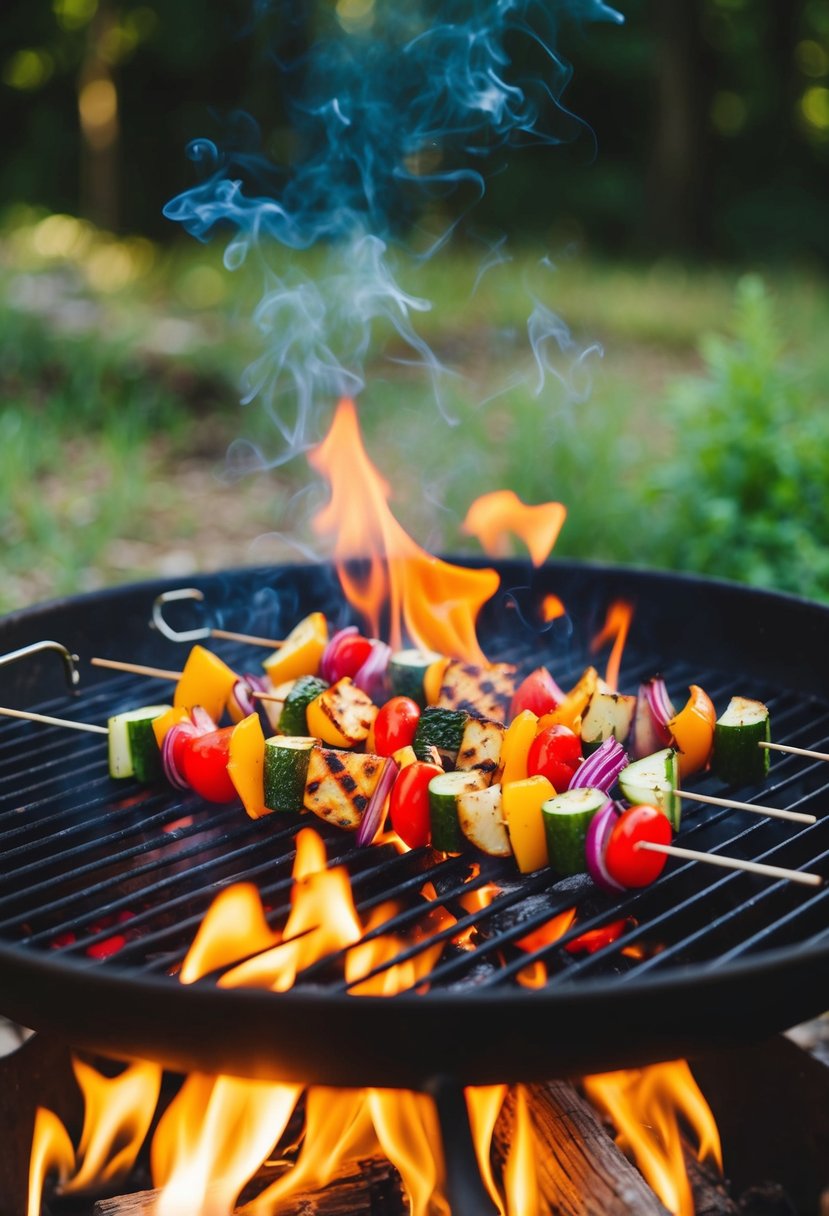 A campfire with a grill, surrounded by nature. Skewers of colorful grilled vegetables are sizzling over the flames