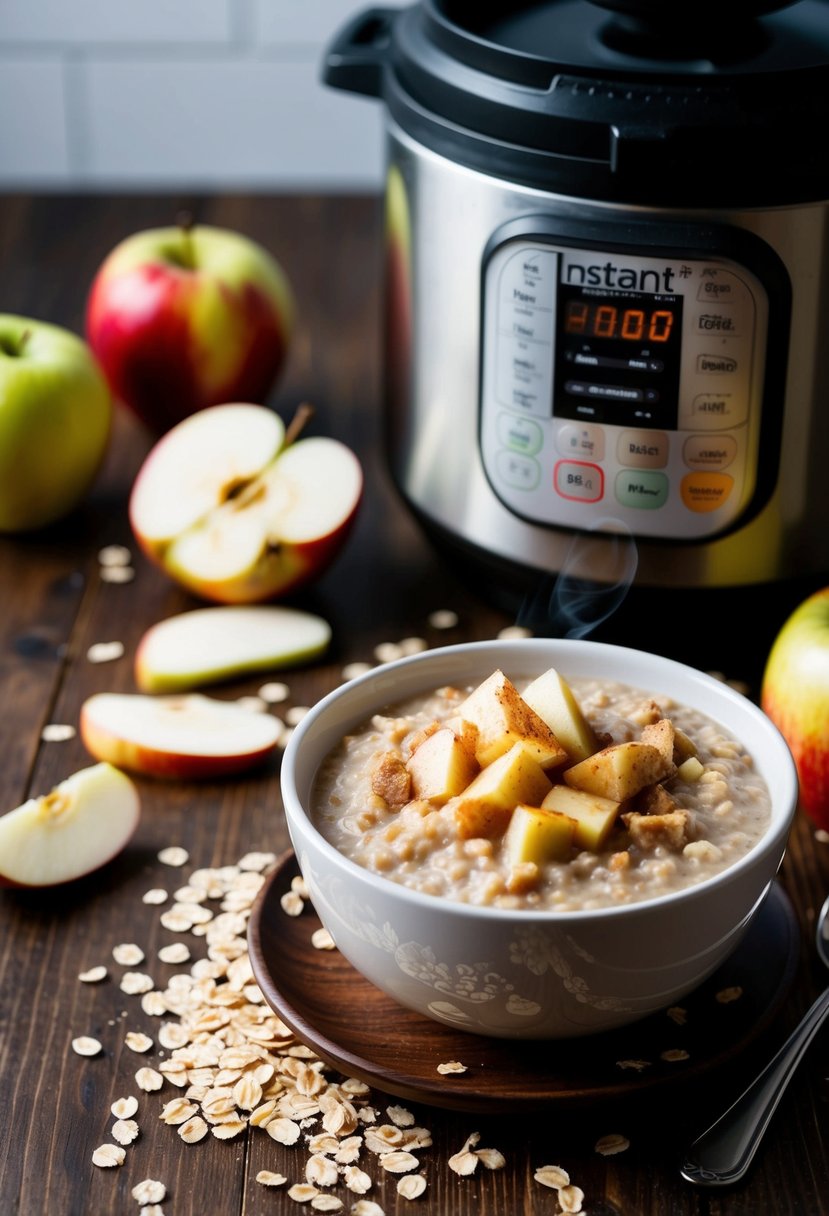 A steaming bowl of apple cinnamon oatmeal sits beside an Instant Pot, surrounded by scattered oats and sliced apples