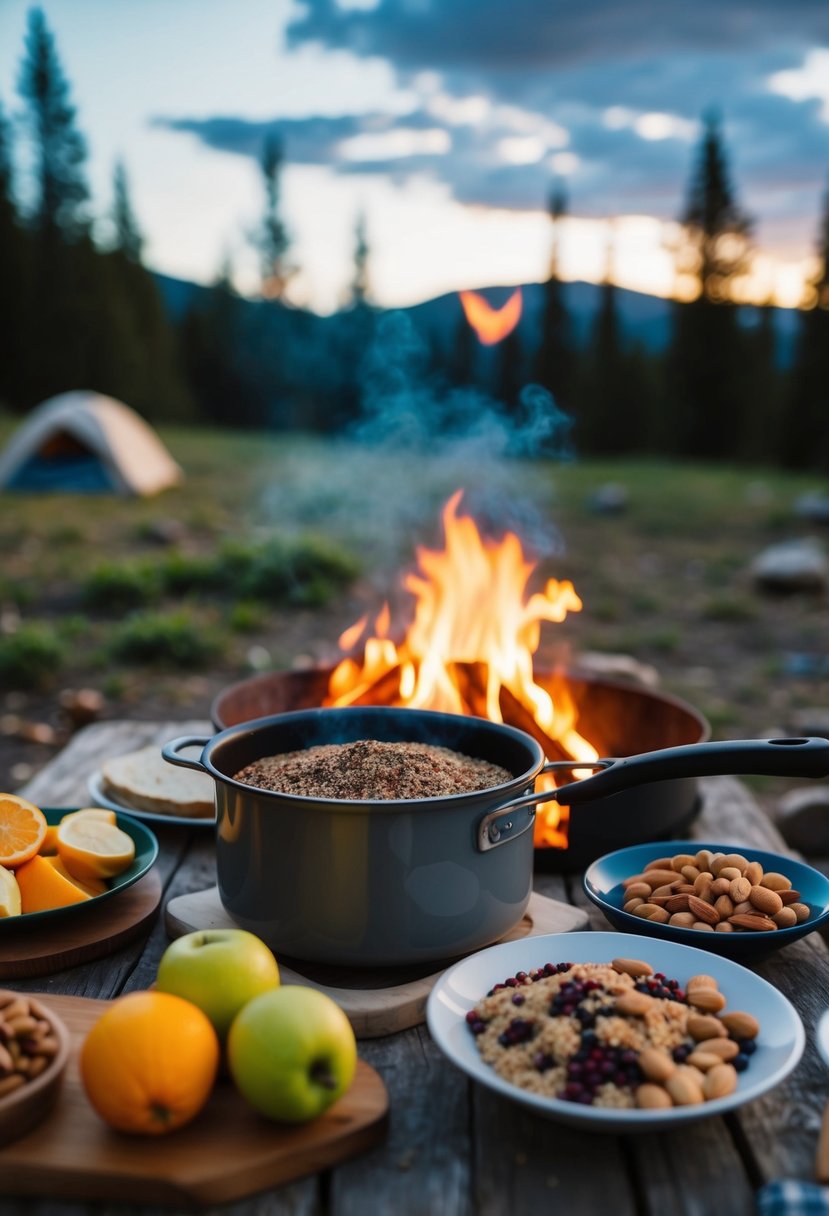 A rustic camping scene with a campfire, a pot of quinoa cooking, and a table set with fresh fruit, nuts, and other healthy breakfast ingredients