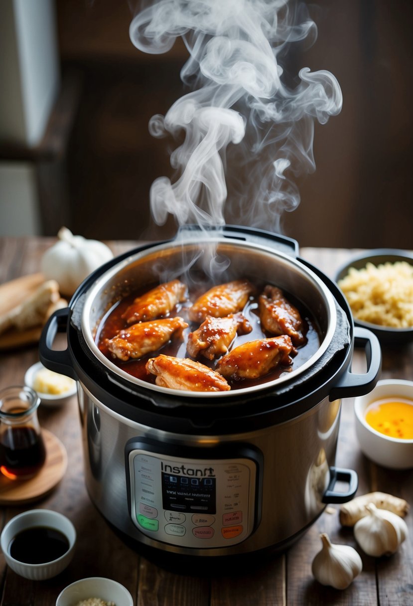 Chicken wings cooking in an Instant Pot with teriyaki sauce, steam rising, surrounded by ingredients like soy sauce, garlic, and ginger