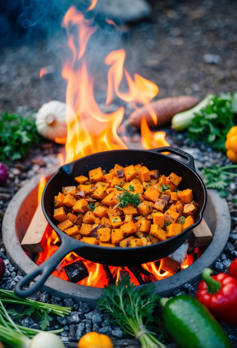 A cast iron skillet filled with sweet potato hash cooking over a campfire. Surrounding it are various fresh vegetables and herbs