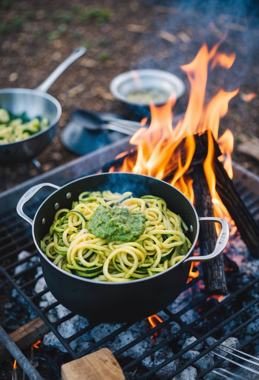 A campfire with a pot of zucchini noodles and pesto sauce simmering on a grate. Surrounding the fire are outdoor cooking utensils and a rustic camping scene