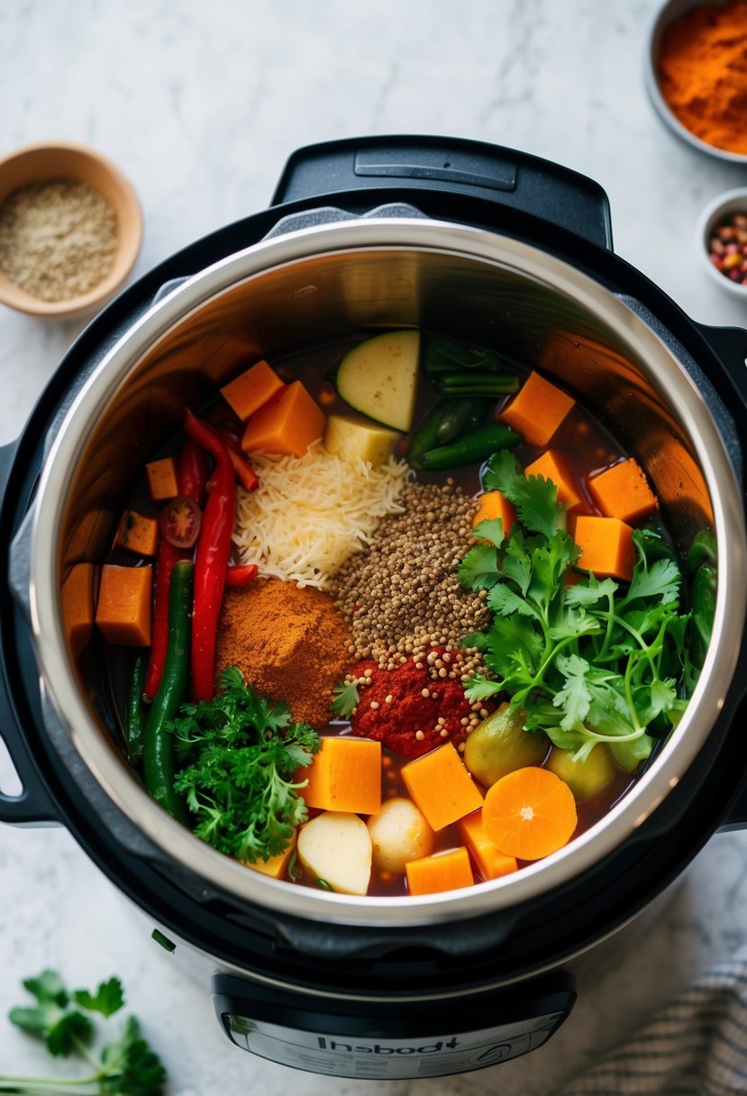 A variety of colorful vegetables and aromatic spices simmering in an instant pot