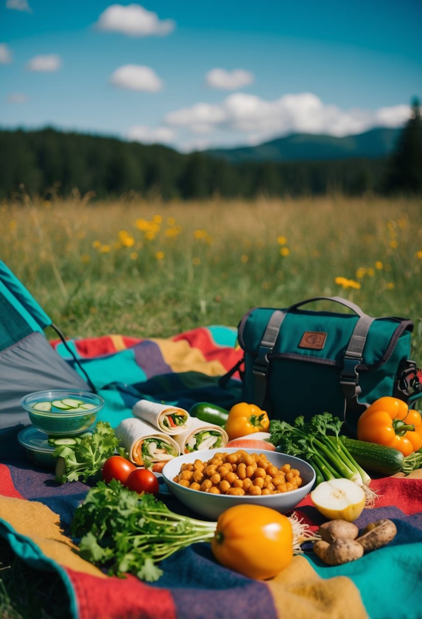 A picnic blanket with chickpea salad wraps, fresh vegetables, and camping gear spread out under a sunny sky