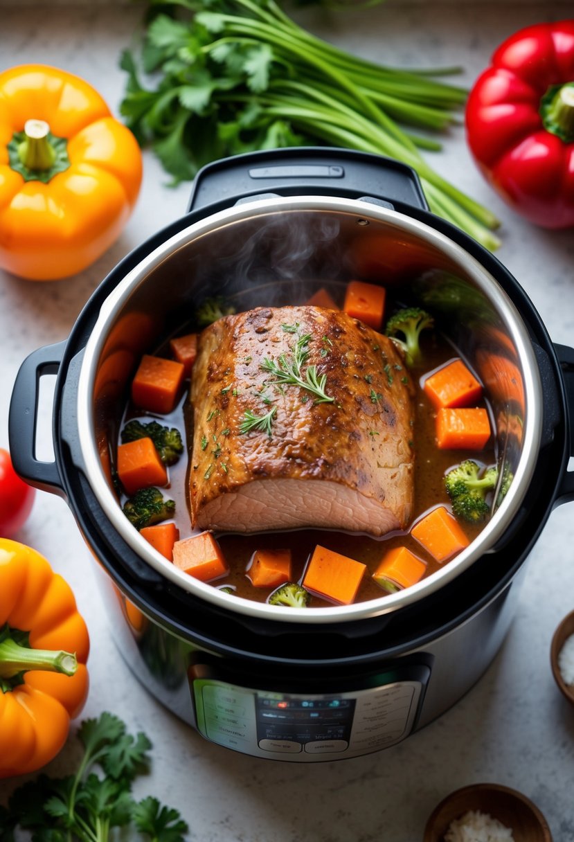 A steaming pot roast surrounded by colorful vegetables in an instant pot