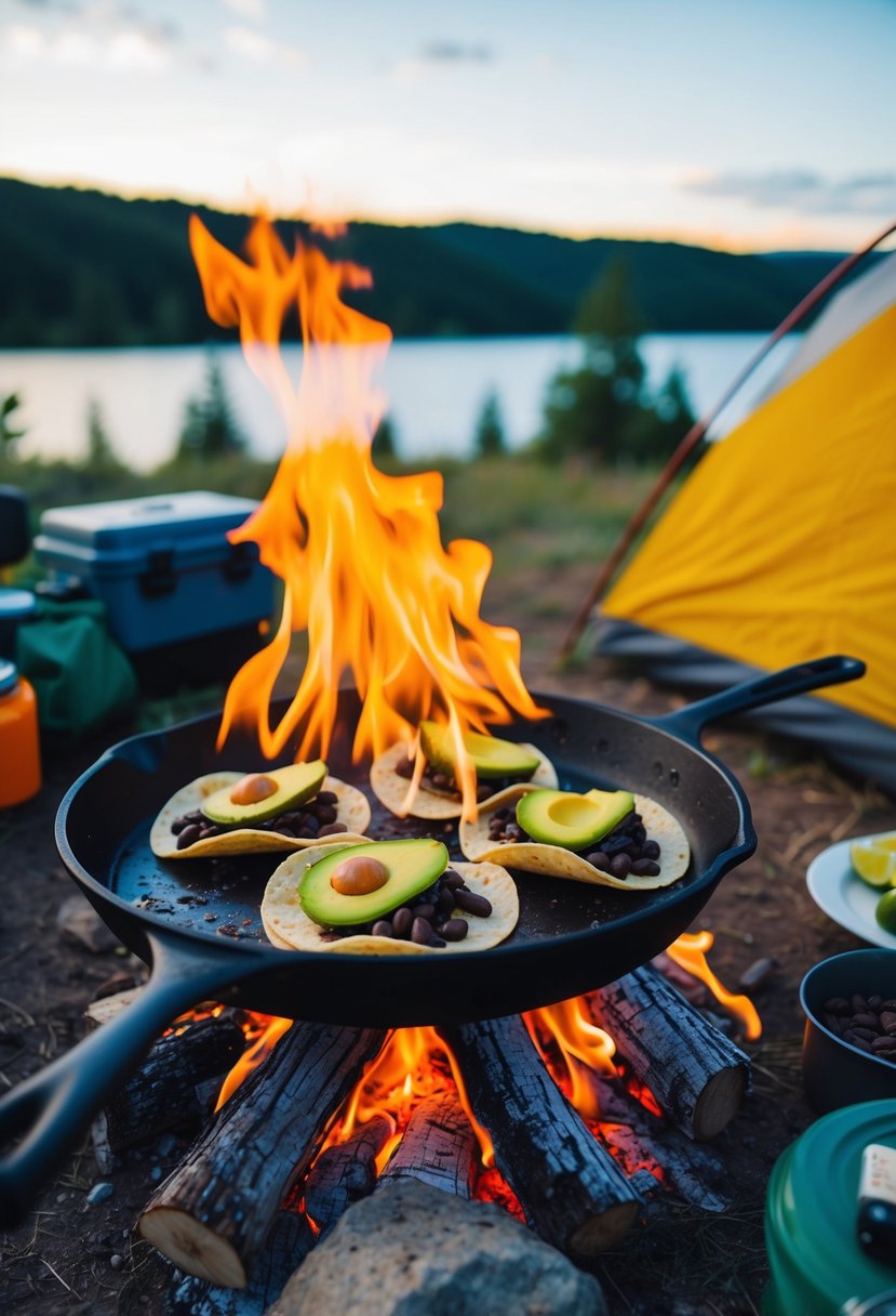 A campfire with a skillet cooking avocado and black bean tacos, surrounded by outdoor camping gear and a scenic natural backdrop