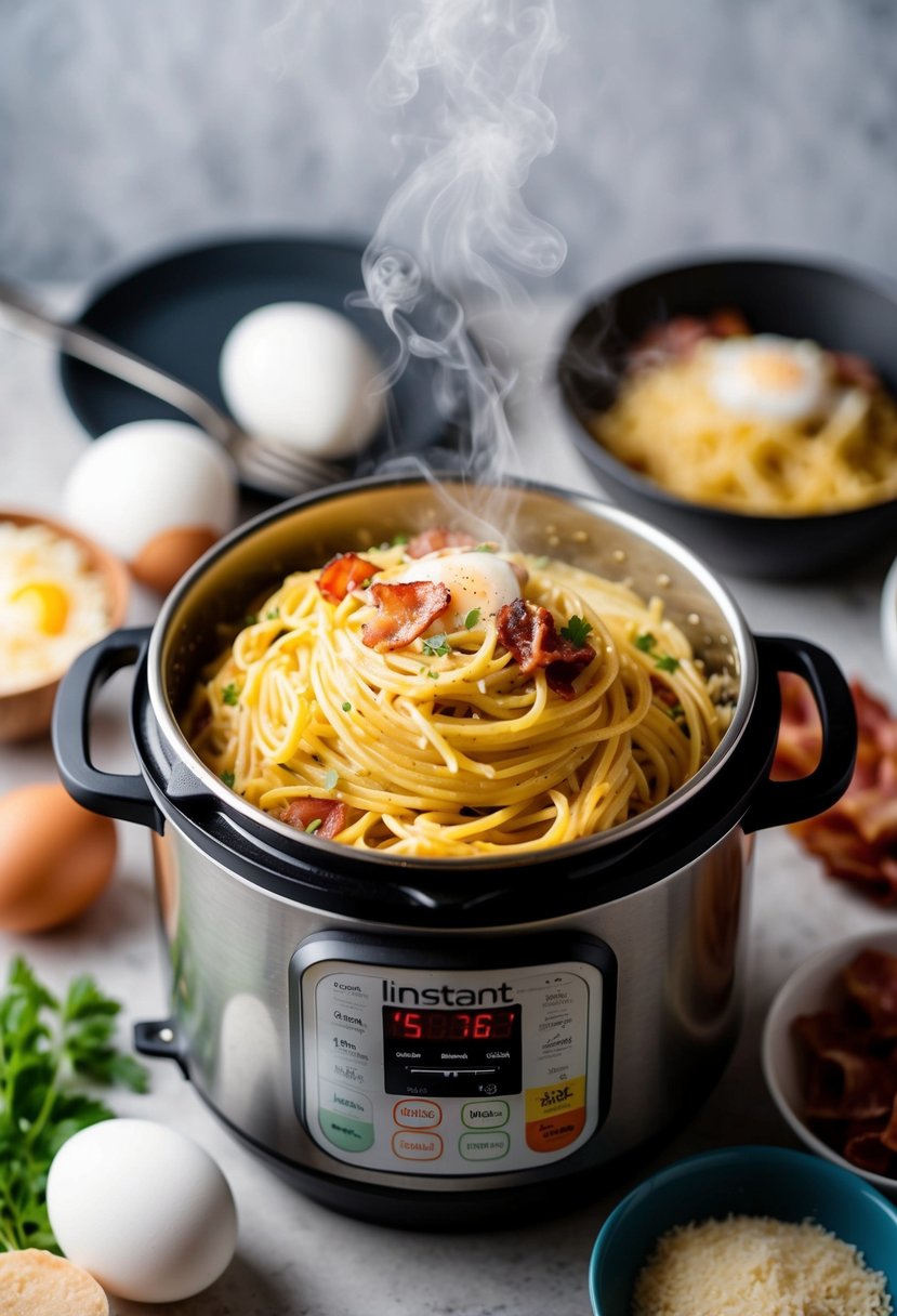 A steaming instant pot filled with creamy spaghetti carbonara, surrounded by fresh ingredients like eggs, bacon, and Parmesan cheese