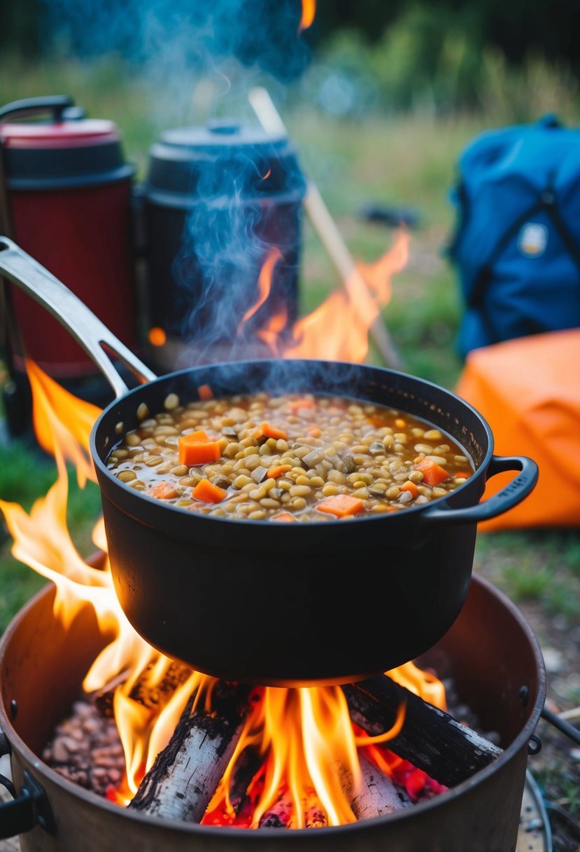 A pot of hearty lentil stew simmering over a campfire, surrounded by a rustic outdoor setting with camping gear and nature in the background