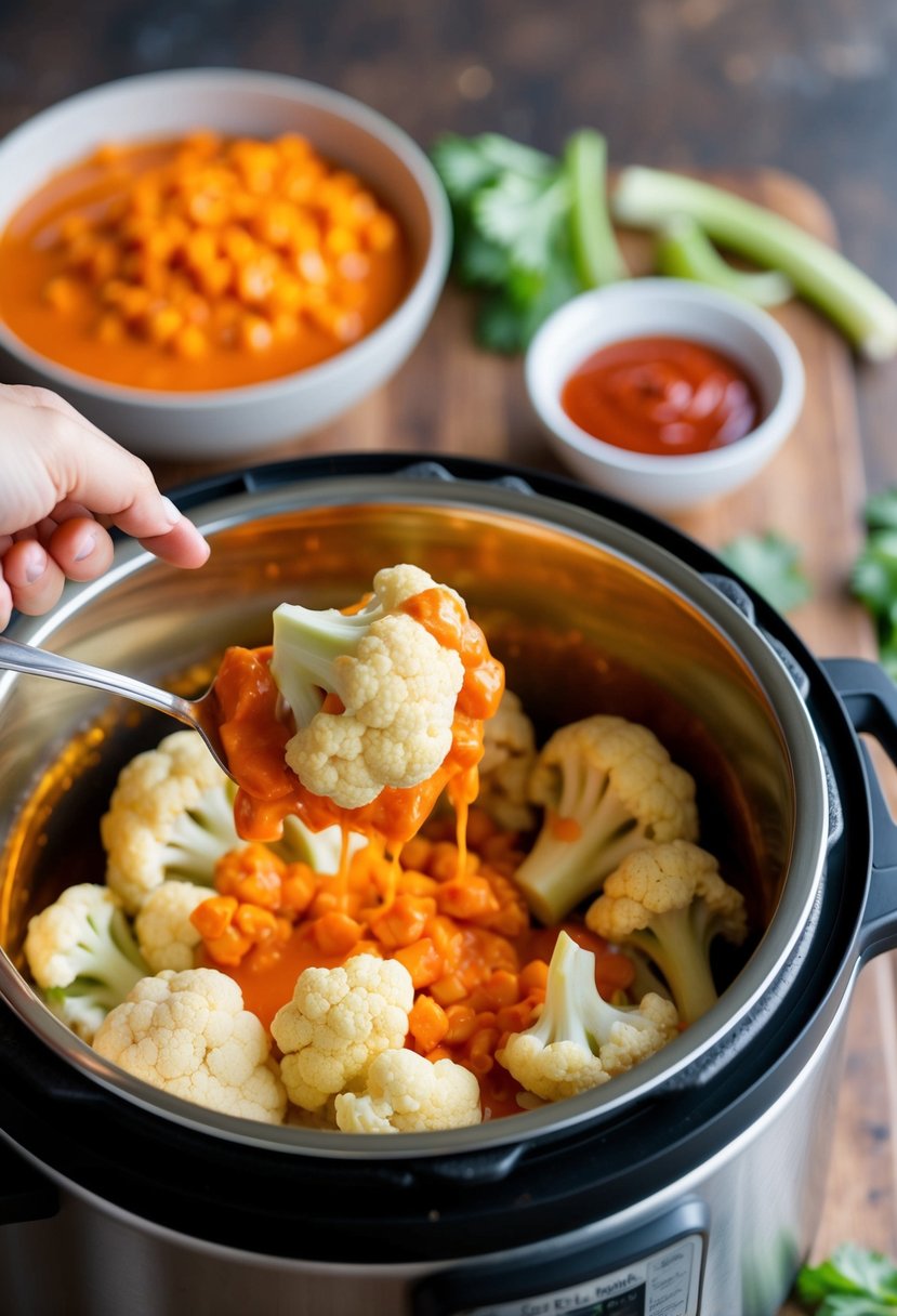 Cauliflower florets being tossed in buffalo sauce in an Instant Pot