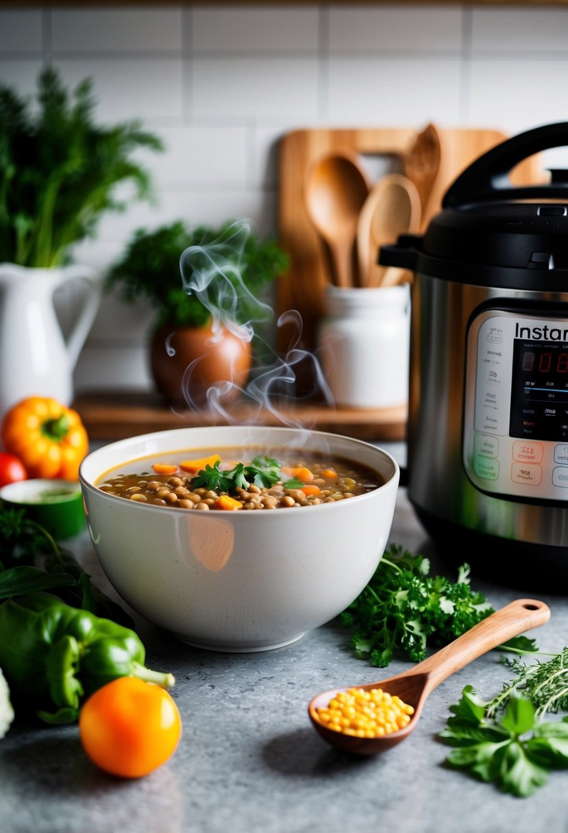 A steaming bowl of lentil soup sits on a kitchen counter next to an Instant Pot, surrounded by fresh vegetables and herbs