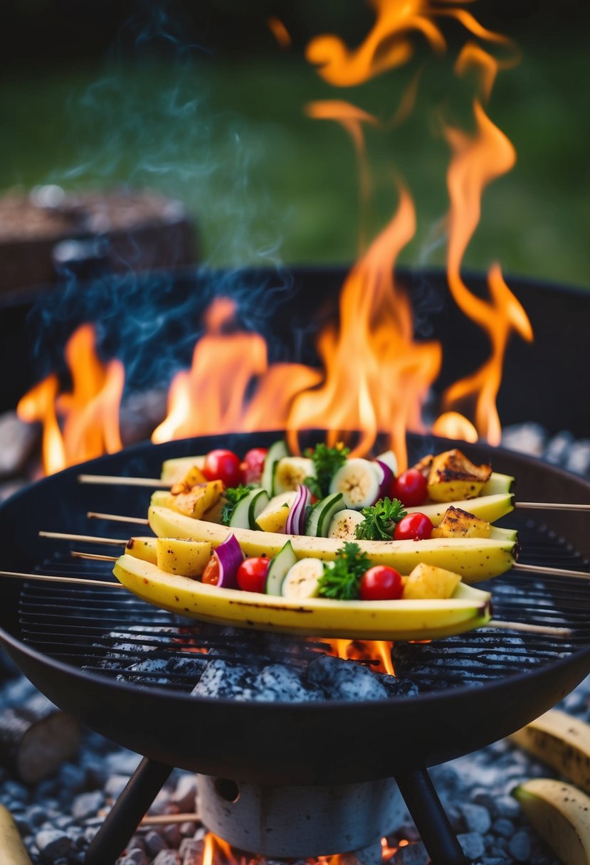 A campfire with banana boats filled with healthy ingredients cooking on skewers