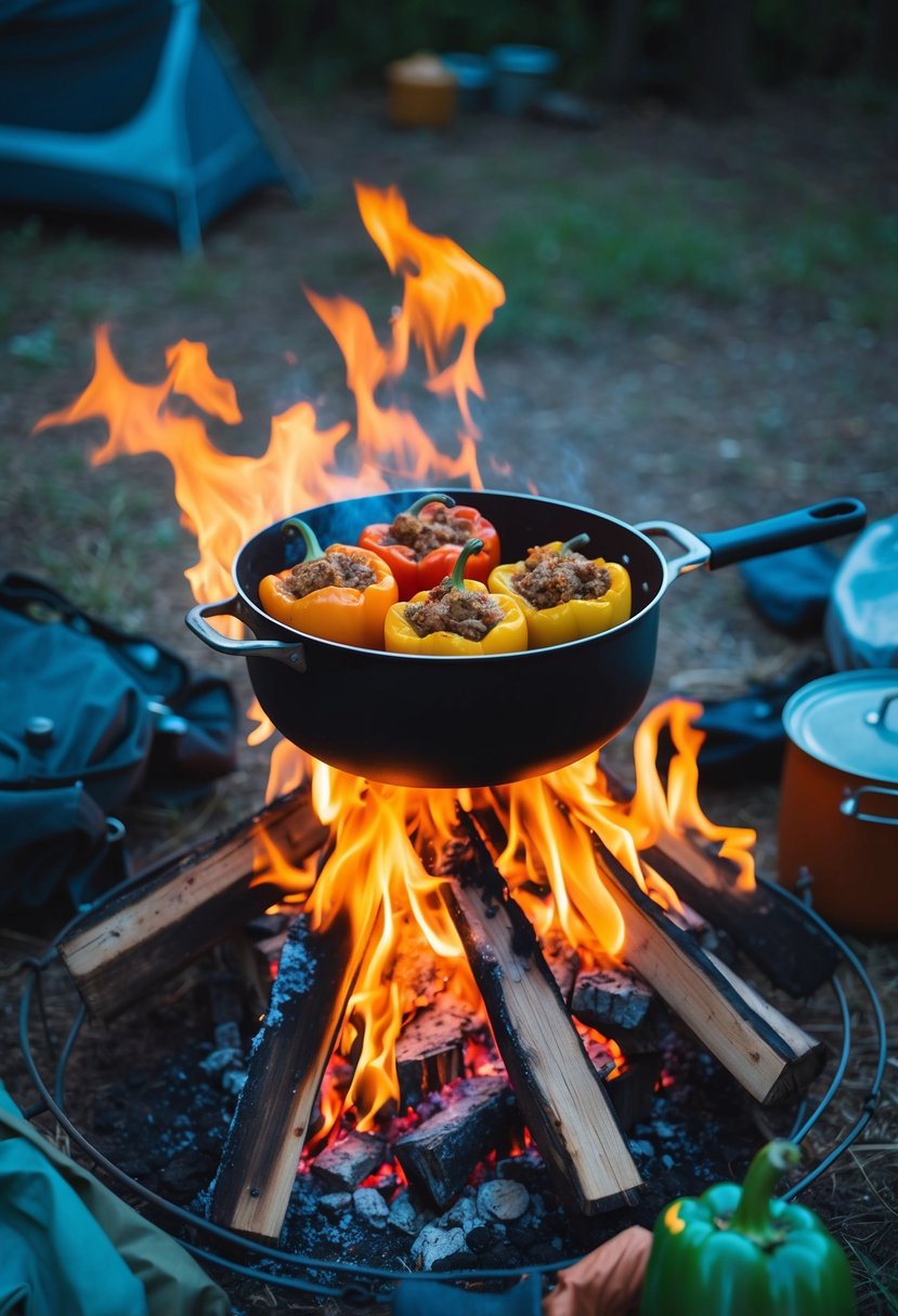 A campfire with a pot of stuffed bell peppers cooking over the flames, surrounded by a rustic outdoor setting with camping gear scattered around