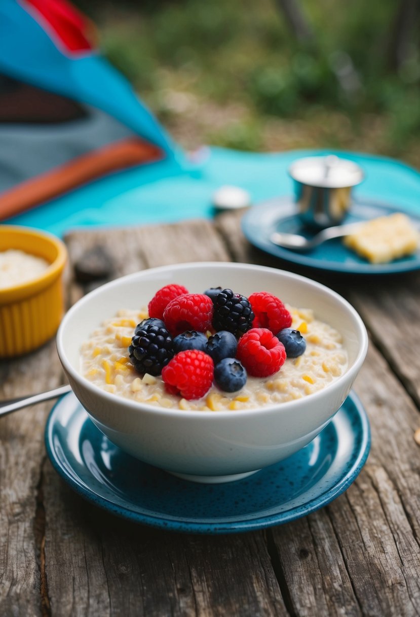 A bowl of oatmeal topped with fresh berries sits on a rustic camping table surrounded by nature