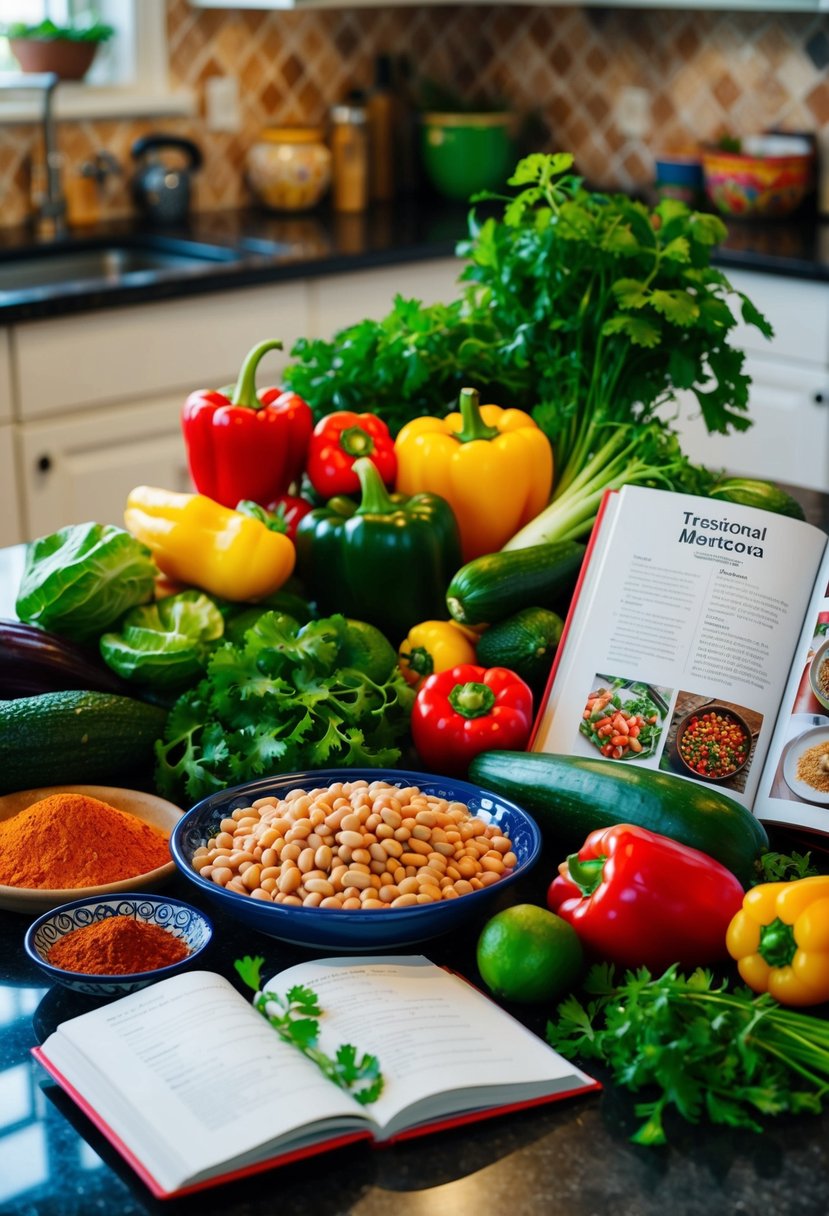 A colorful array of fresh vegetables, beans, and spices arranged on a kitchen counter, with a traditional Mexican cookbook open to a vegetarian recipe