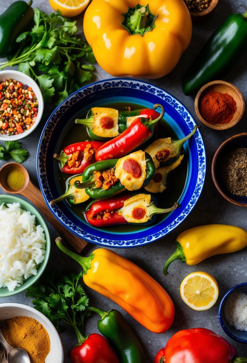 A colorful array of vegetarian chiles rellenos, surrounded by fresh ingredients and traditional Mexican spices