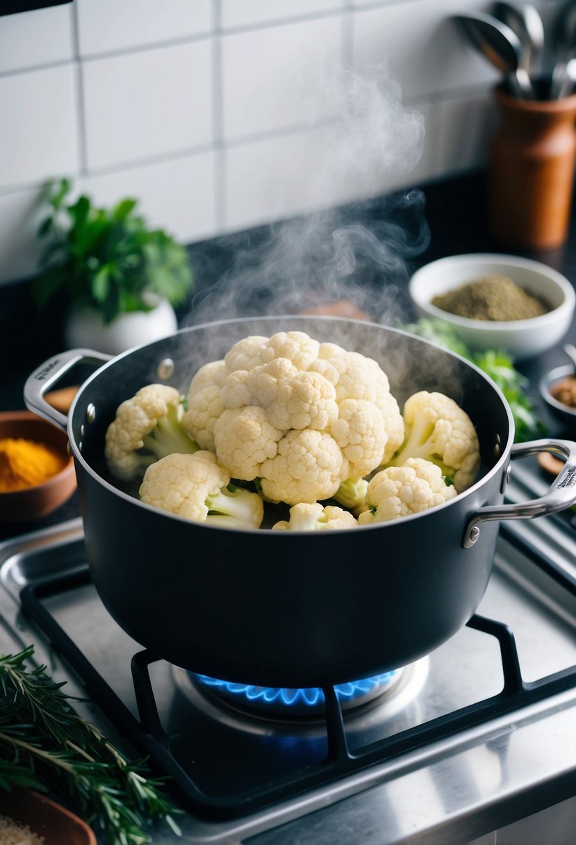 A pot of steaming cauliflower on a stovetop, surrounded by various herbs and spices