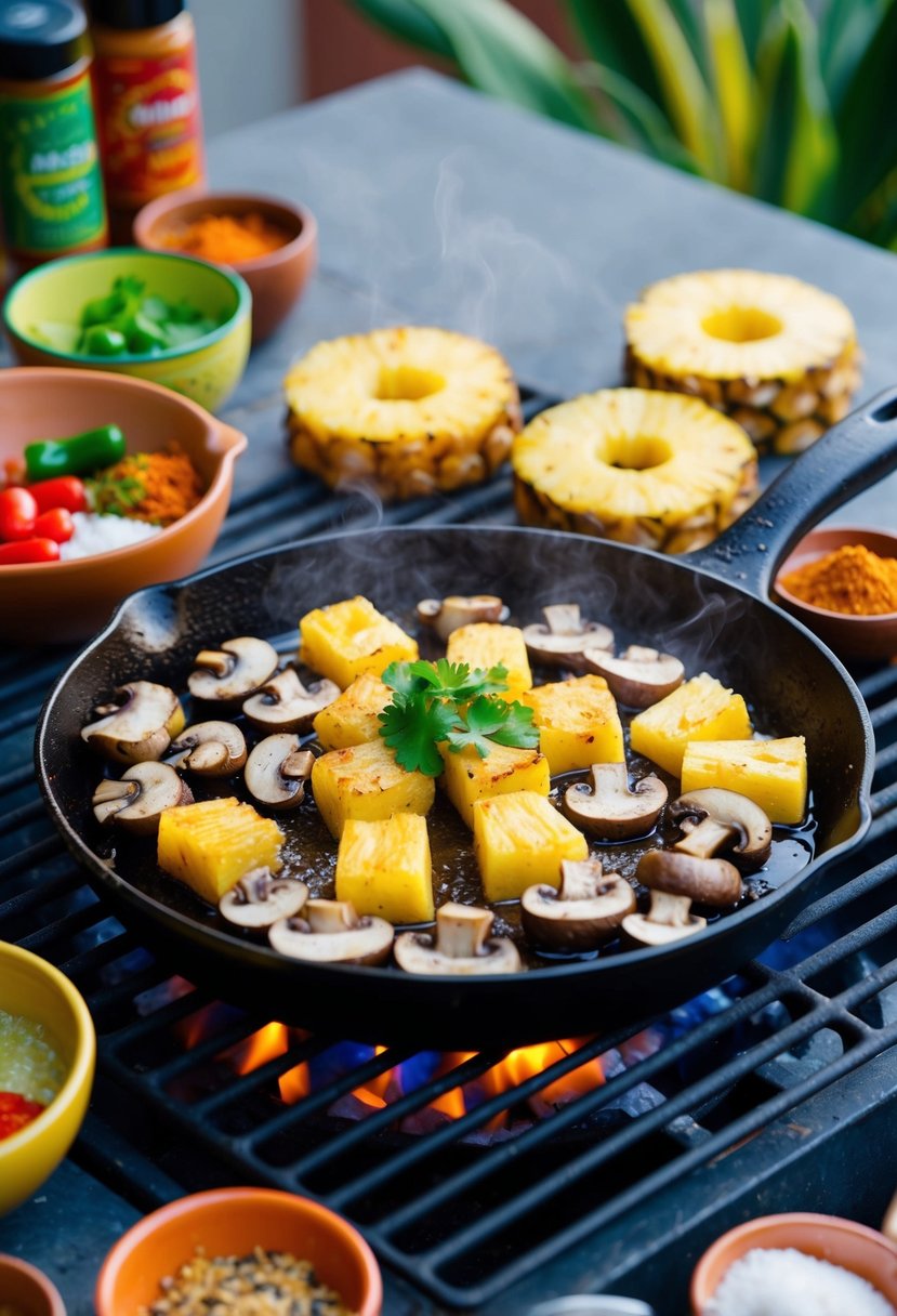 A sizzling skillet of marinated mushrooms and pineapple cooking on a grill, surrounded by colorful Mexican spices and ingredients