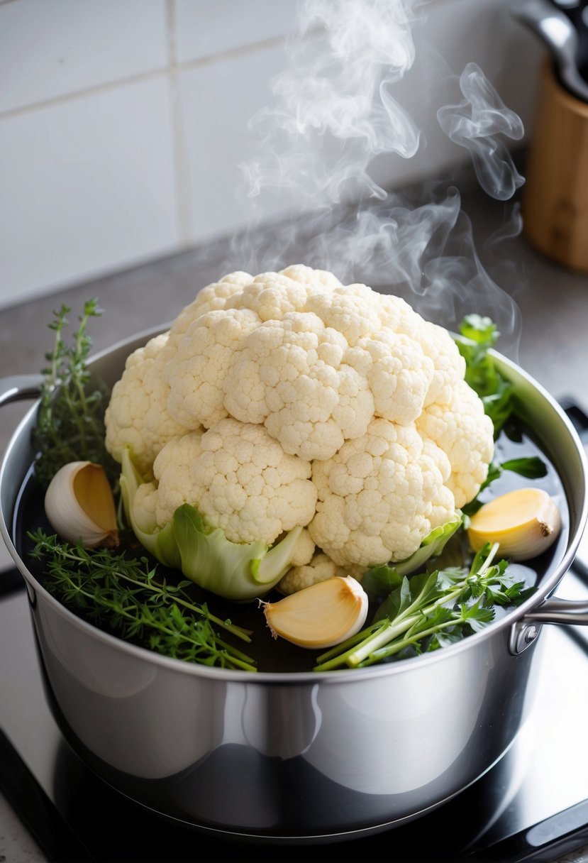 A head of cauliflower surrounded by garlic cloves and fresh herbs, steaming in a pot of water on a stovetop