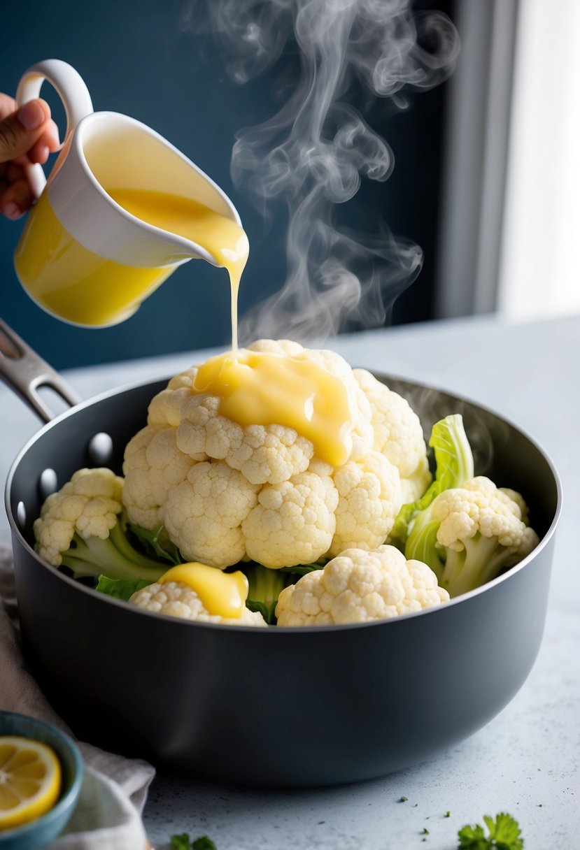 Fresh cauliflower steaming in a pot with lemon butter sauce drizzling over it