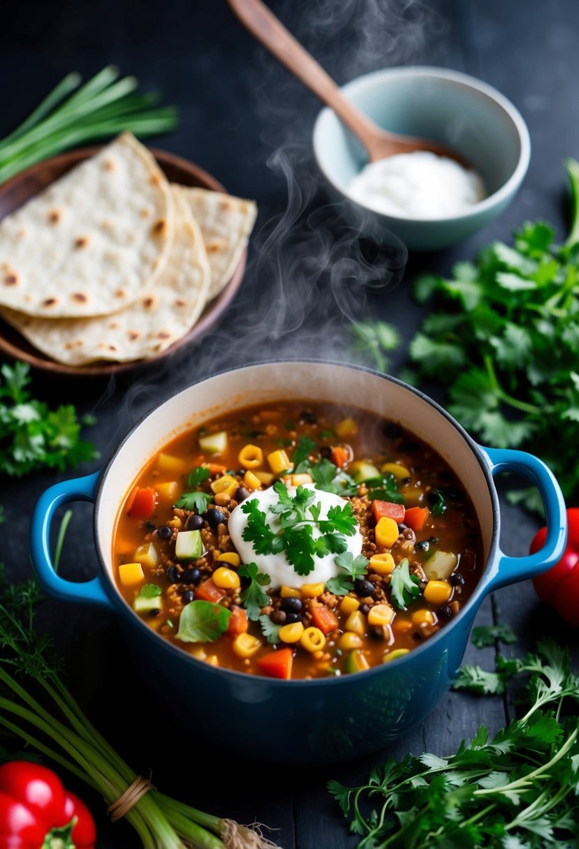 A steaming pot of Vegan Tortilla Soup surrounded by fresh vegetables and herbs