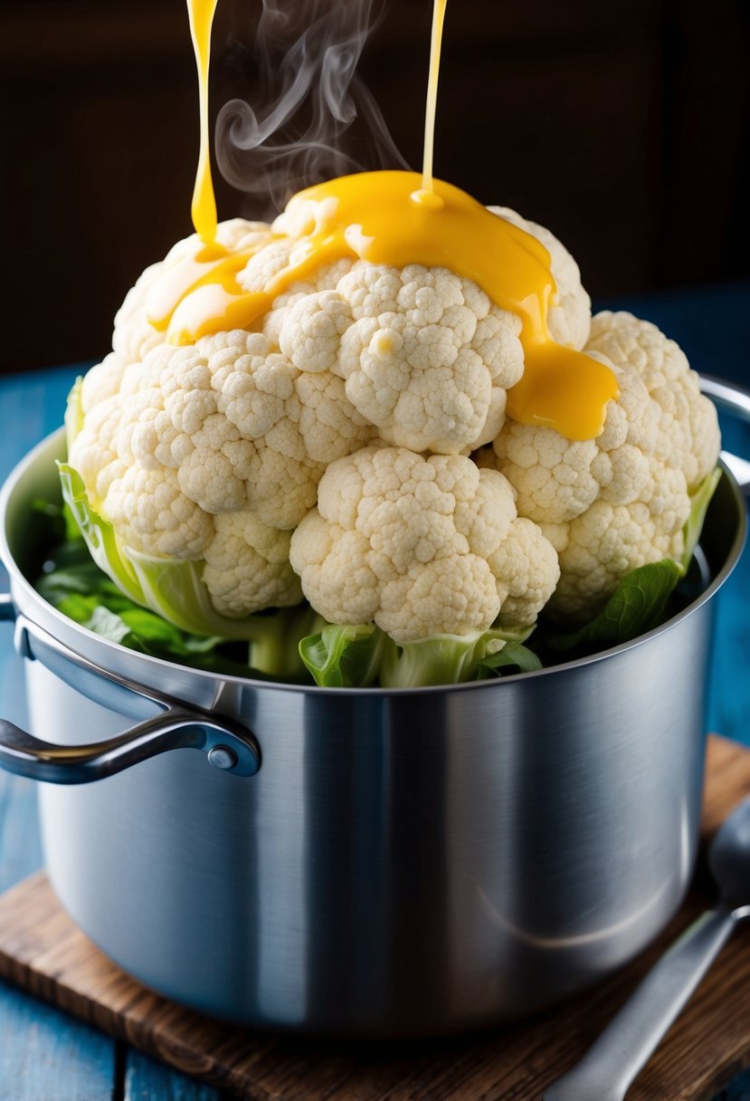 A head of cauliflower steaming in a pot with melted cheese drizzling over the top