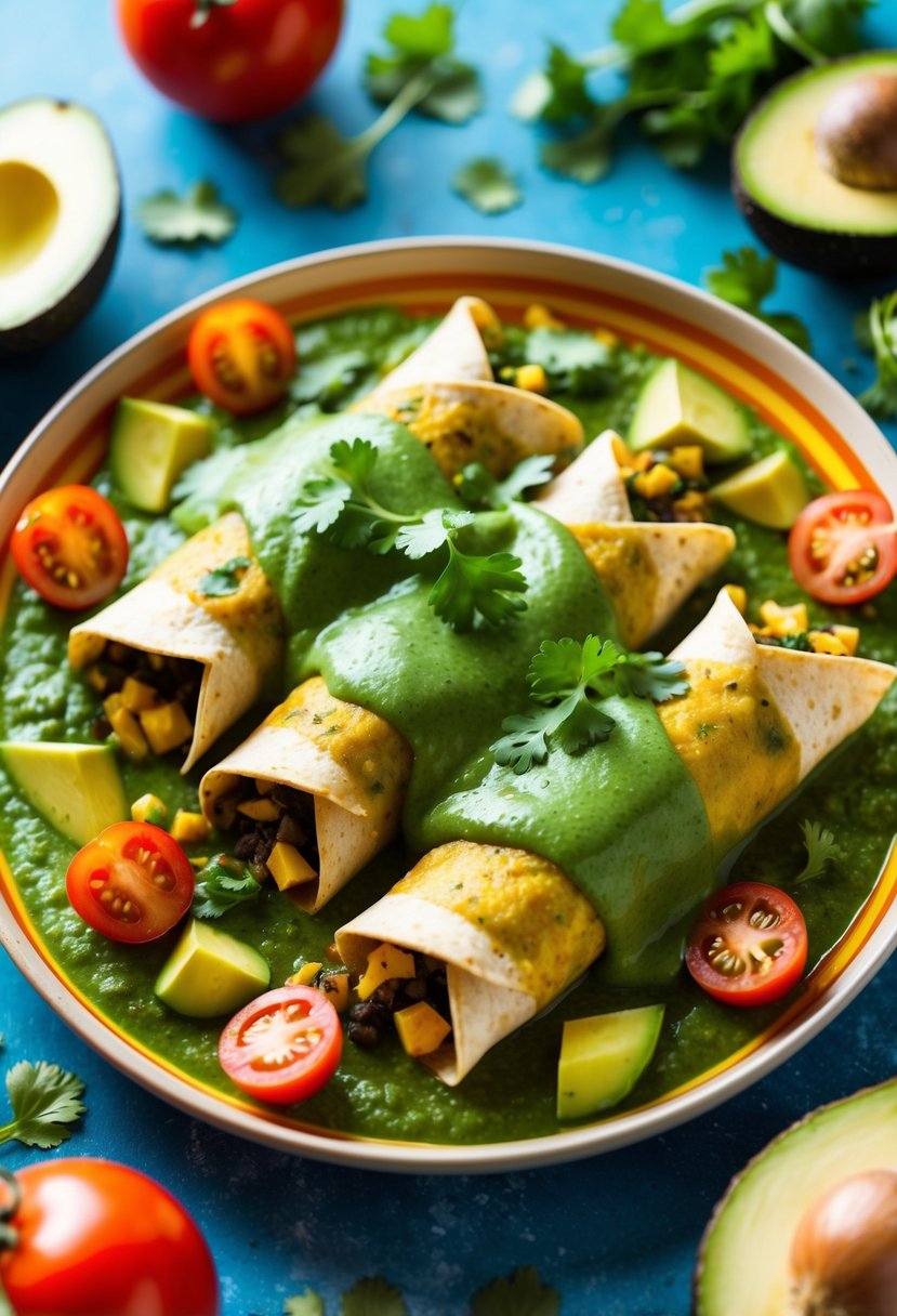 A colorful plate of plant-based enchiladas with green sauce, surrounded by vibrant ingredients like tomatoes, cilantro, and avocado