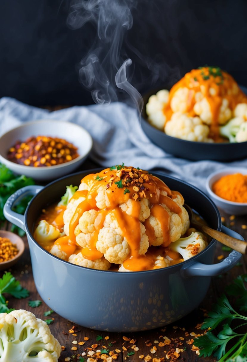 A steaming pot of buffalo cauliflower with spicy sauce drizzled on top, surrounded by scattered chili flakes and parsley