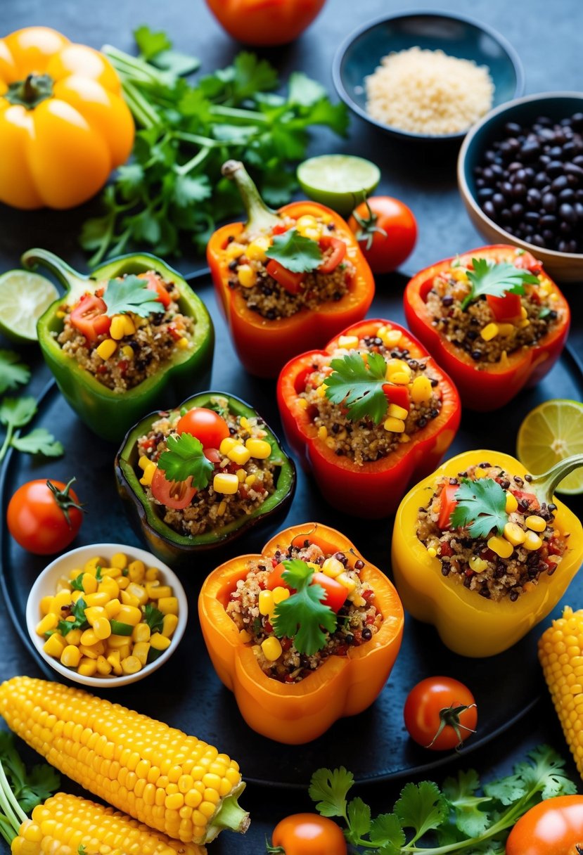 A colorful array of quinoa-stuffed peppers surrounded by vibrant Mexican ingredients like tomatoes, corn, black beans, and cilantro