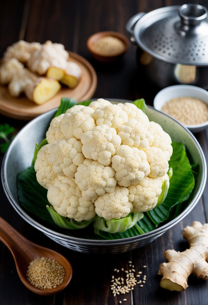 A head of cauliflower surrounded by ginger, sesame seeds, and a steaming basket