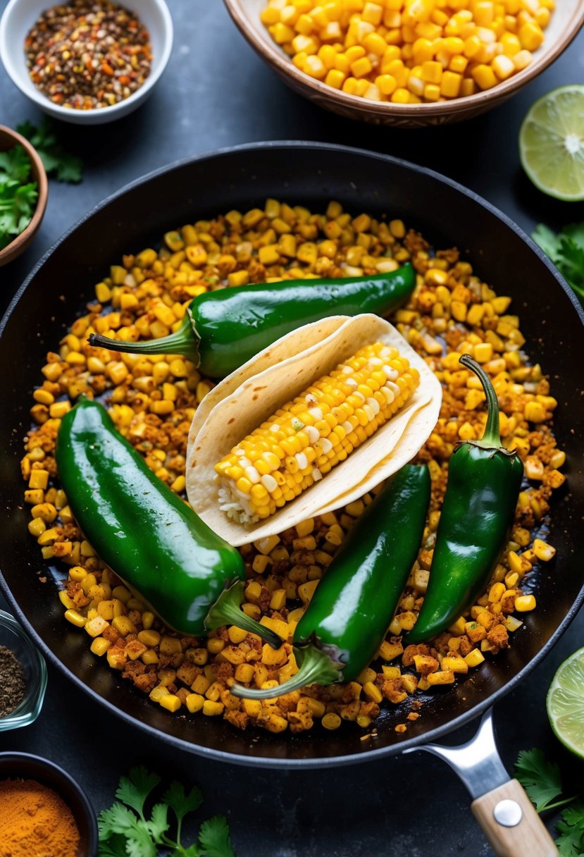 A sizzling skillet of roasted poblano and sweet corn vegan tacos, surrounded by traditional Mexican ingredients and spices