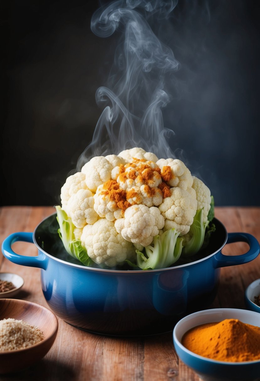 A head of cauliflower steaming in a pot with curry spices and steam rising