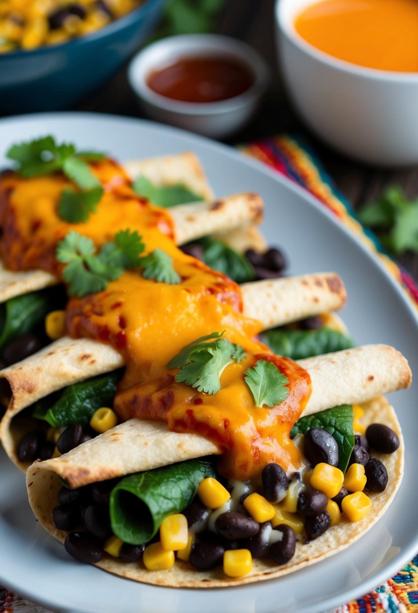 A colorful spread of fresh spinach, black beans, and corn wrapped in warm tortillas, topped with zesty red enchilada sauce and melted cheese