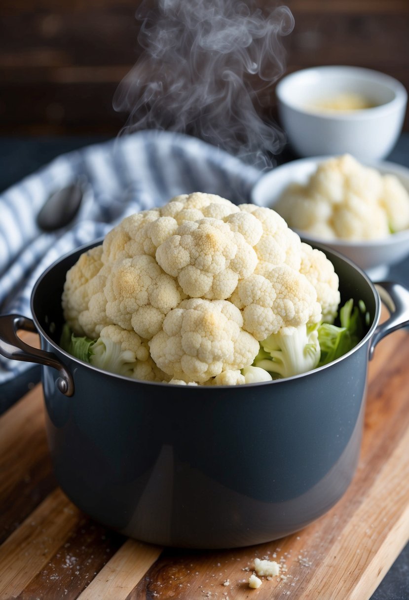 A head of cauliflower coated in parmesan, steaming in a pot